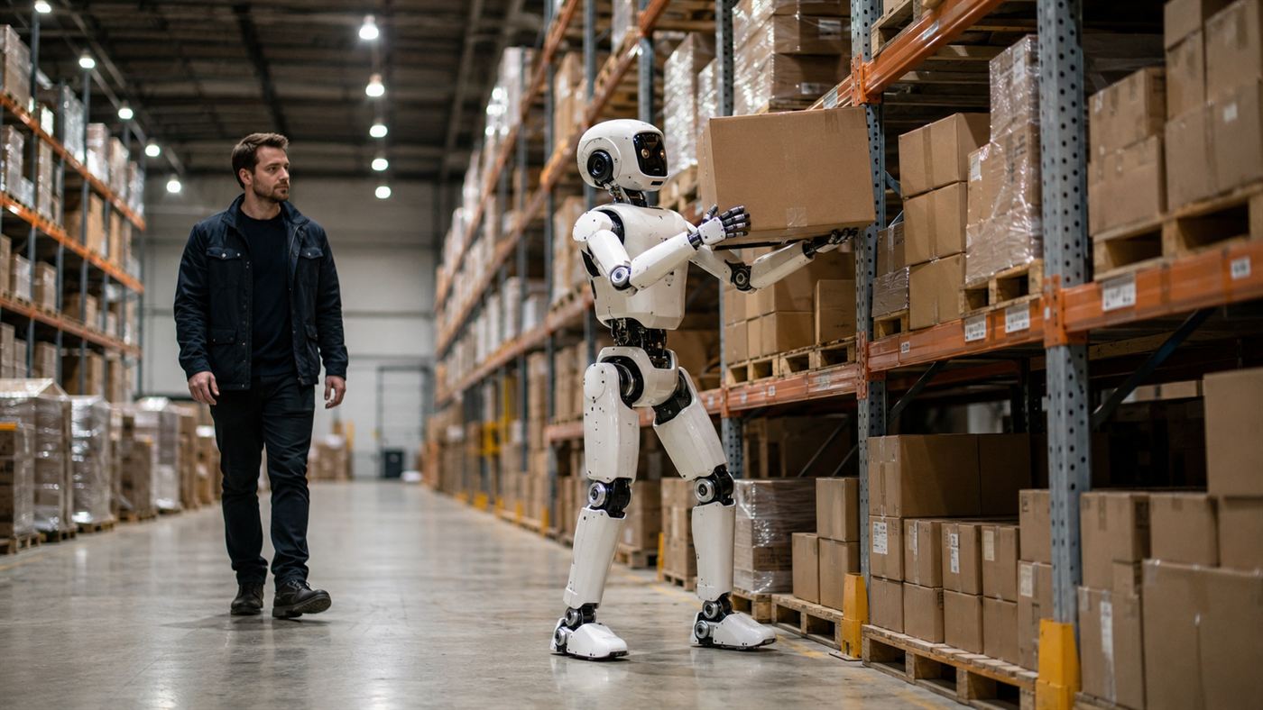 A humanoid robot lifting a box in a warehouse aisle lined with shelves, working alongside human staff