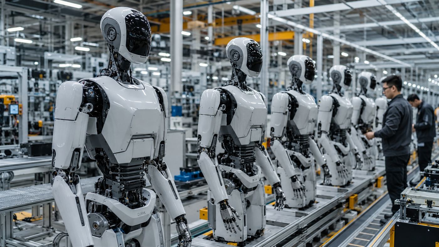 A row of humanoid robots on a modern factory assembly line being built