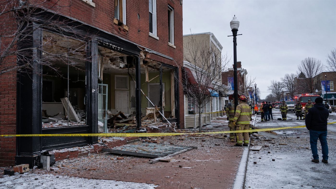 A damaged downtown brick storefront with blown-out windows after a gas explosion in a small town