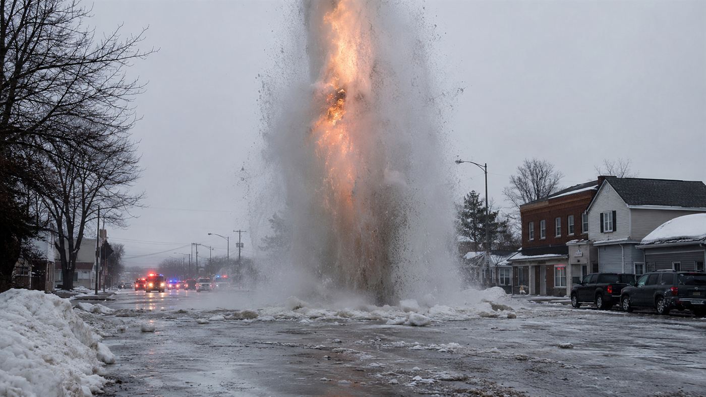 A geyser of gas and water erupting from the ground during the Hutchinson gas explosions