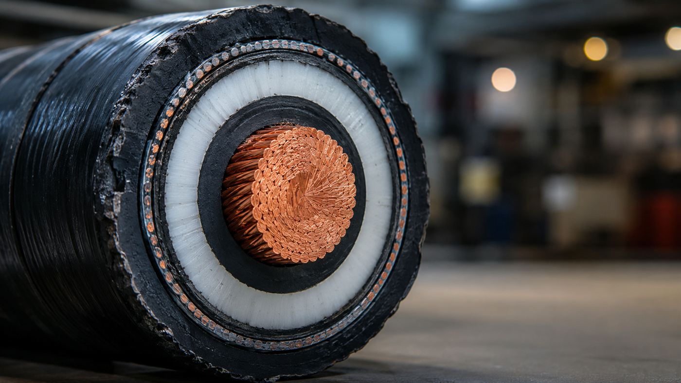 A close view of a thick high-voltage direct current power cable showing its layered insulation and metal core