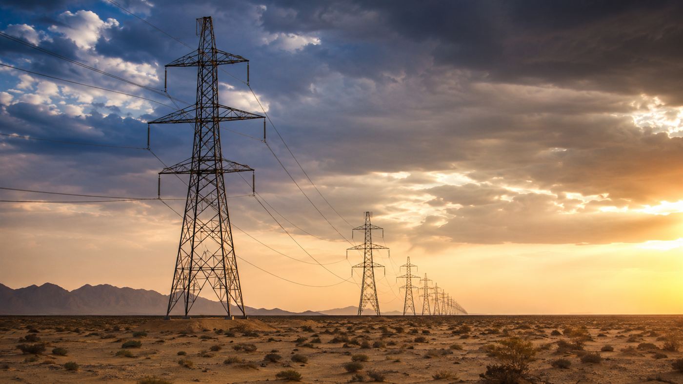 A high-voltage transmission line marching across the desert on tall steel towers into the distance