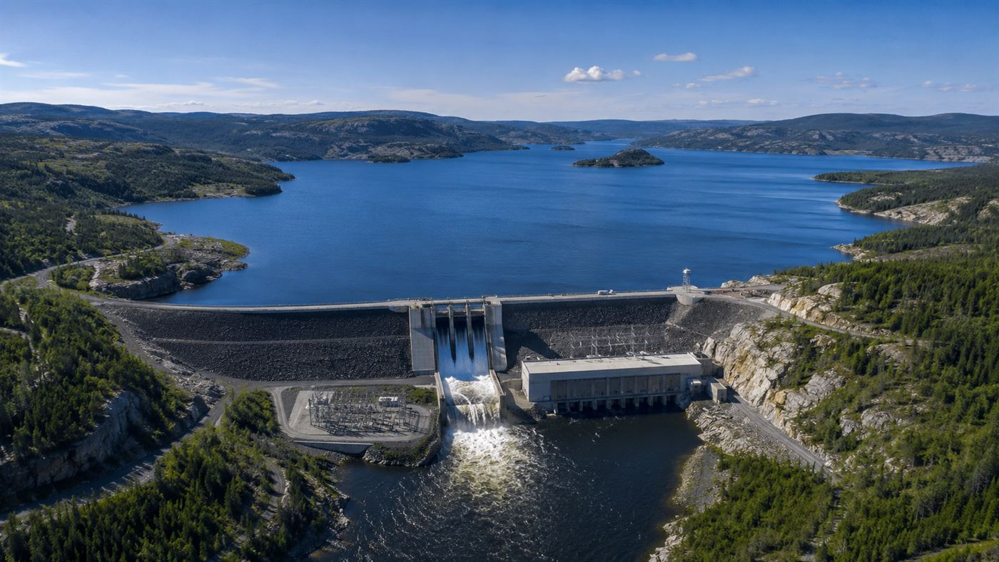 A large hydroelectric dam and reservoir in a northern Canadian landscape under a clear sky