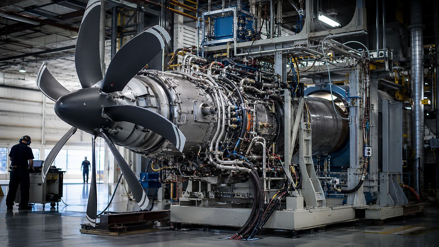 A turboprop aircraft engine mounted on a test bench with pipes and instrumentation in a hangar