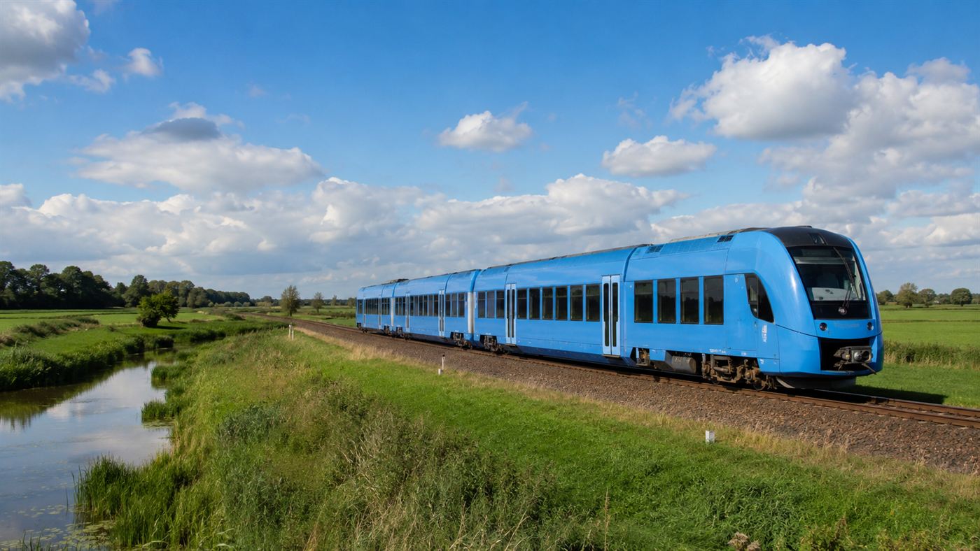 A blue hydrogen train traveling through the flat green northern German countryside, the first fleet of its kind in the world