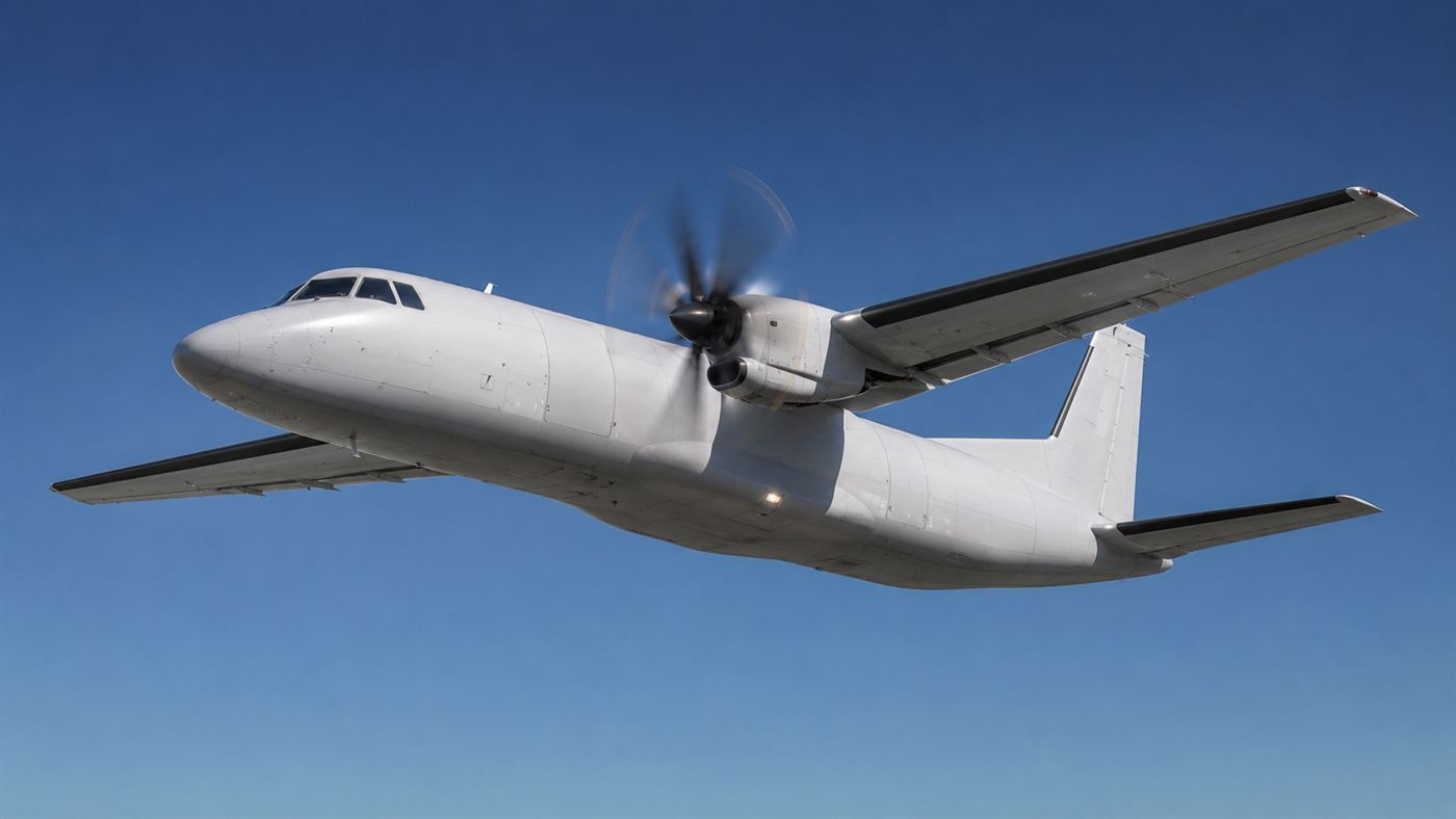 A turboprop cargo aircraft powered by a hydrogen engine flying against a clear blue sky