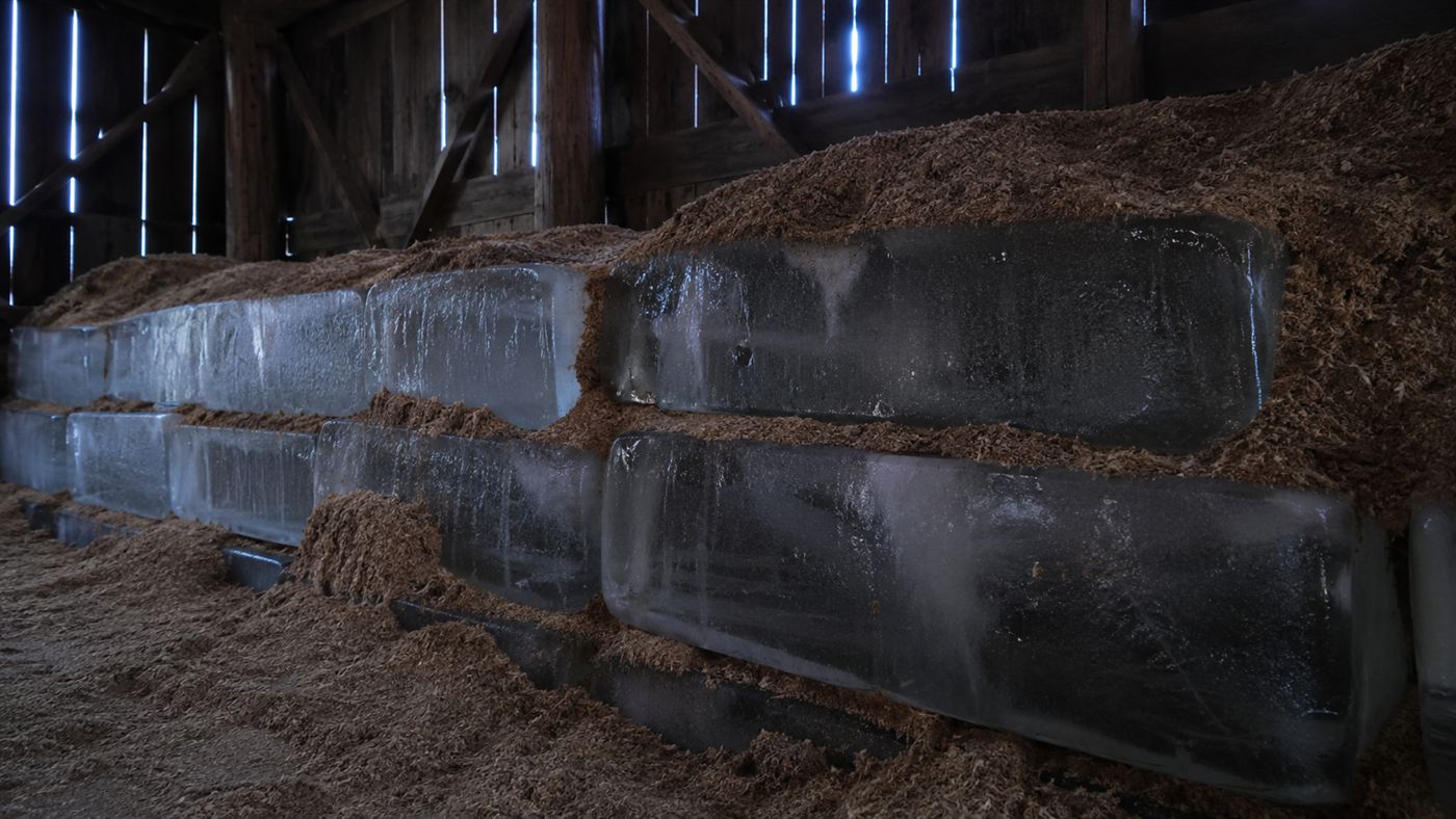 Huge blocks of ice stacked inside a dim wooden ice house and packed with sawdust for insulation
