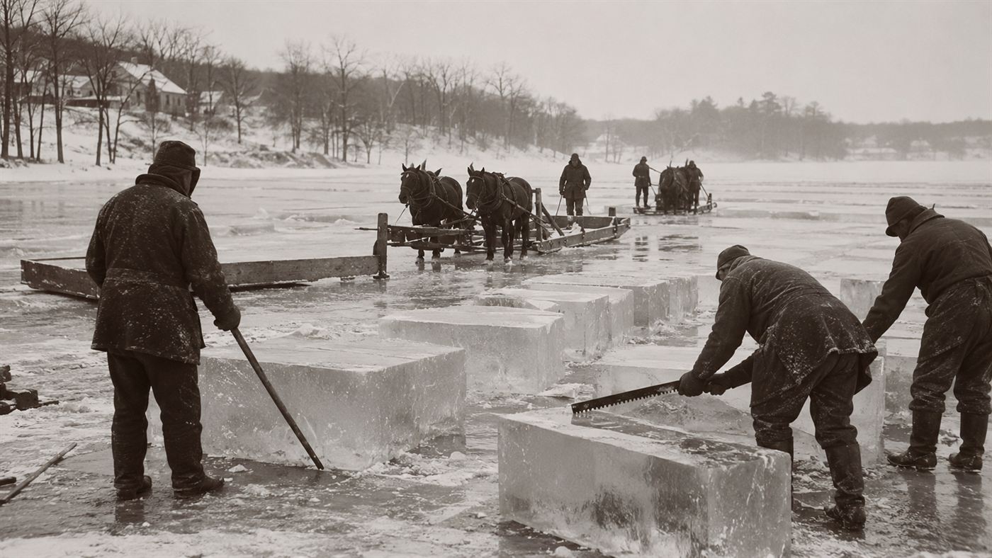 Nineteenth-century workers cutting blocks of ice from a frozen New England pond in winter, part of the ice trade