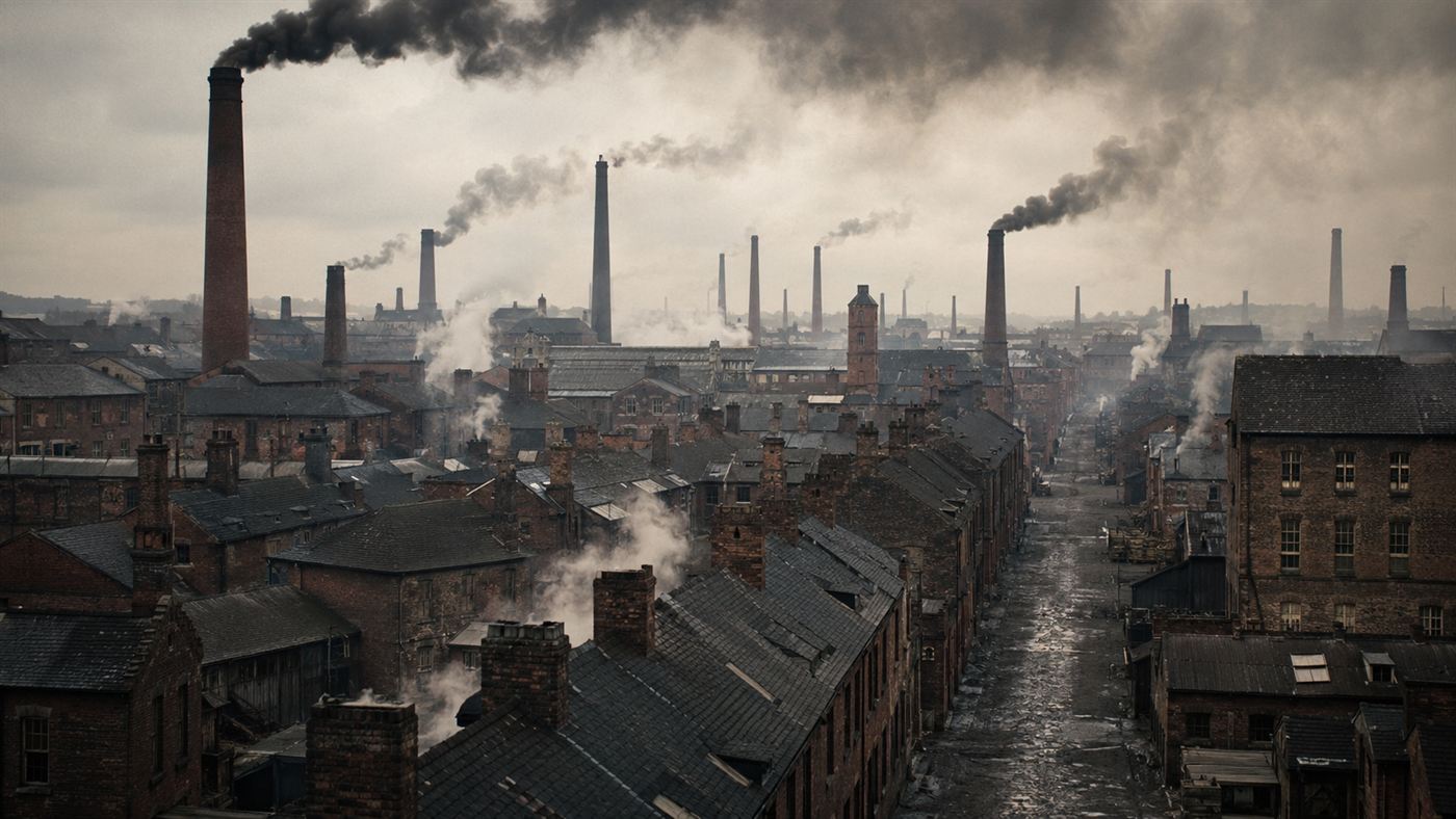 A 19th-century industrial mill town with tall brick chimneys belching smoke under a grey sky