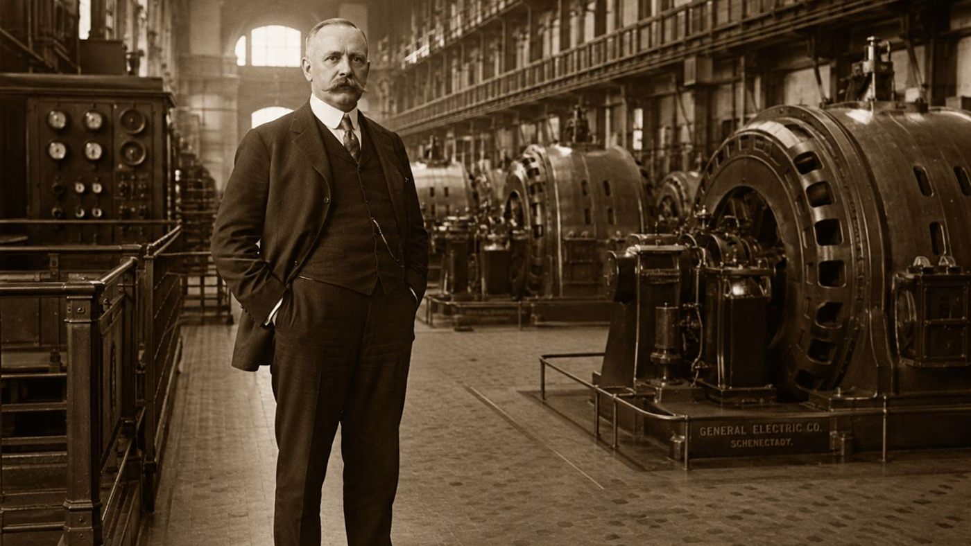 An early 1900s businessman in a suit standing in the turbine hall of an electric power station, like Samuel Insull