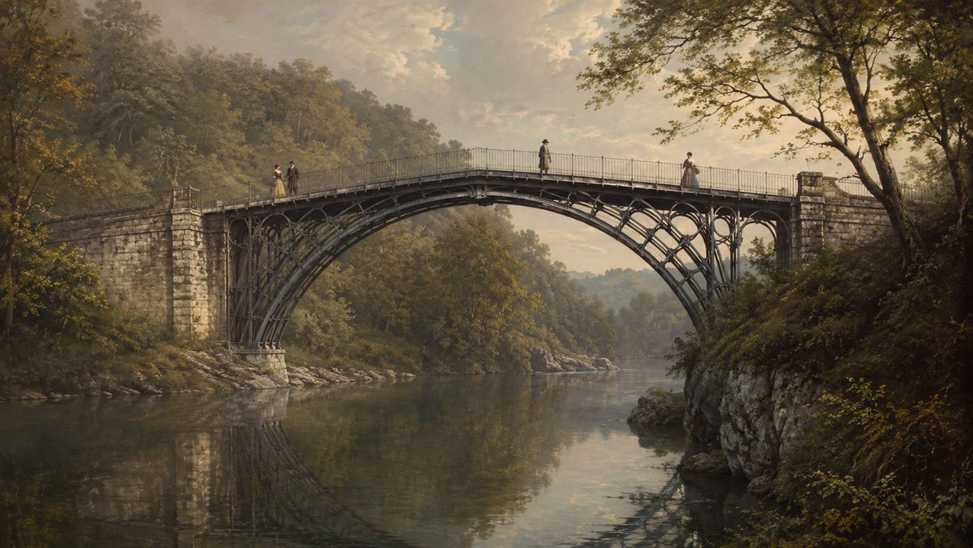 The Iron Bridge, a single-span cast-iron arch over the River Severn at Coalbrookdale, completed in 1779