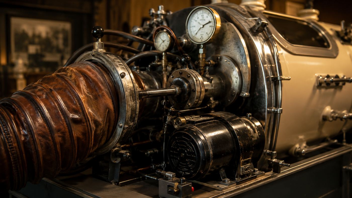 A close-up of the bellows, motor and gauges at the end of an iron lung machine