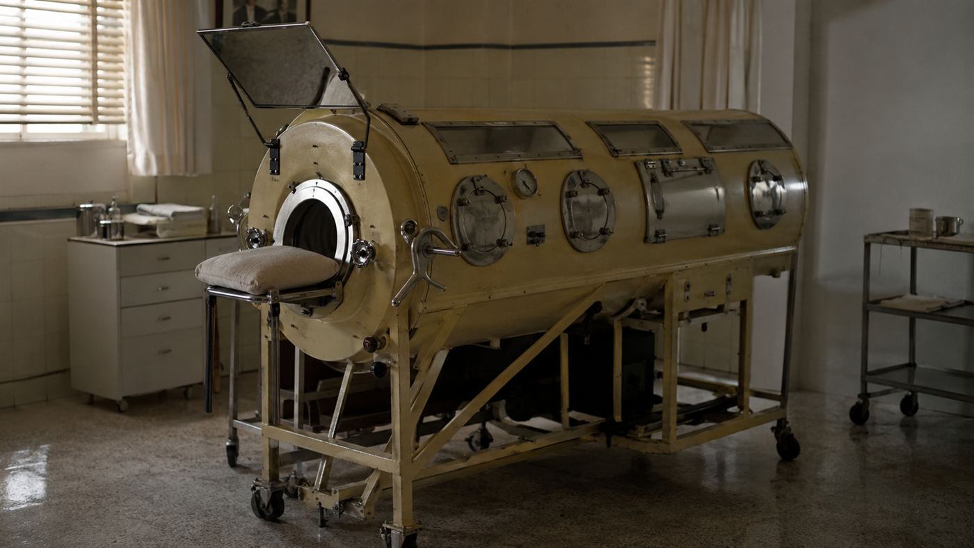 A large 1950s cylindrical metal iron lung respirator with a padded headrest and an angled mirror above it in a quiet hospital room