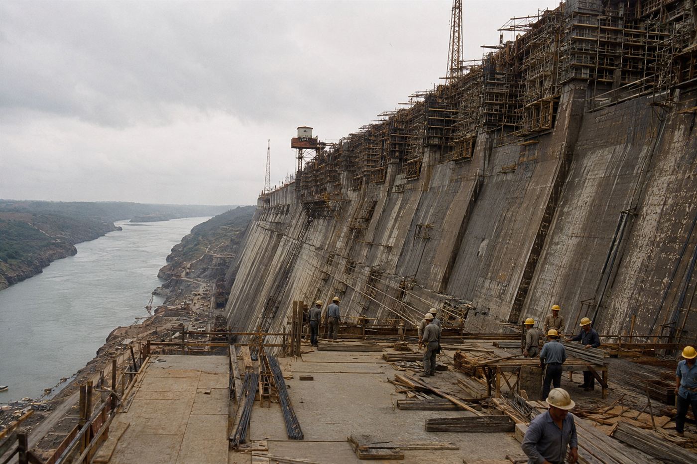 Construction workers on the massive concrete formwork of Itaipu dam in the 1970s, tiny figures against the enormous scale of the dam wall under a cloudy sky over the Parana River gorge