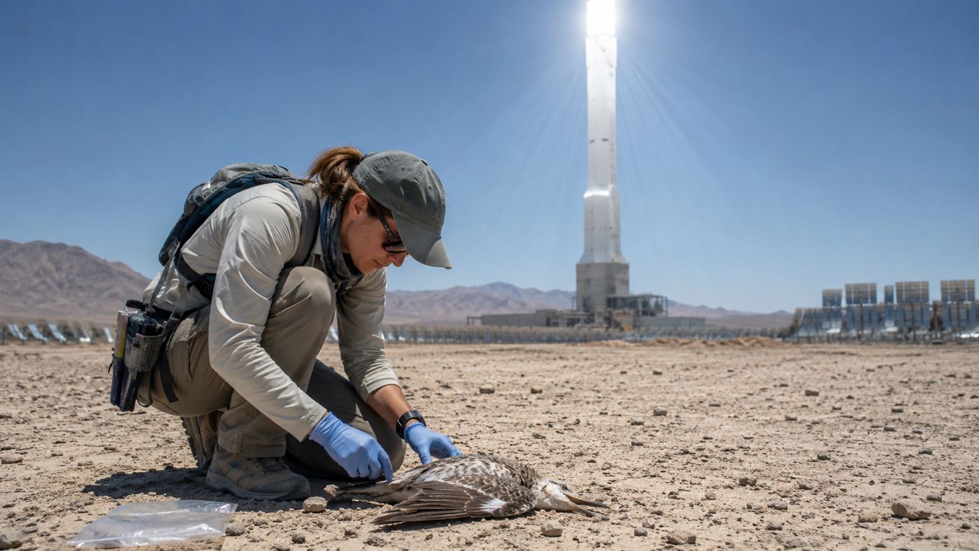 A wildlife biologist monitoring the ground beneath the Ivanpah solar plant towers in the Mojave Desert for bird deaths