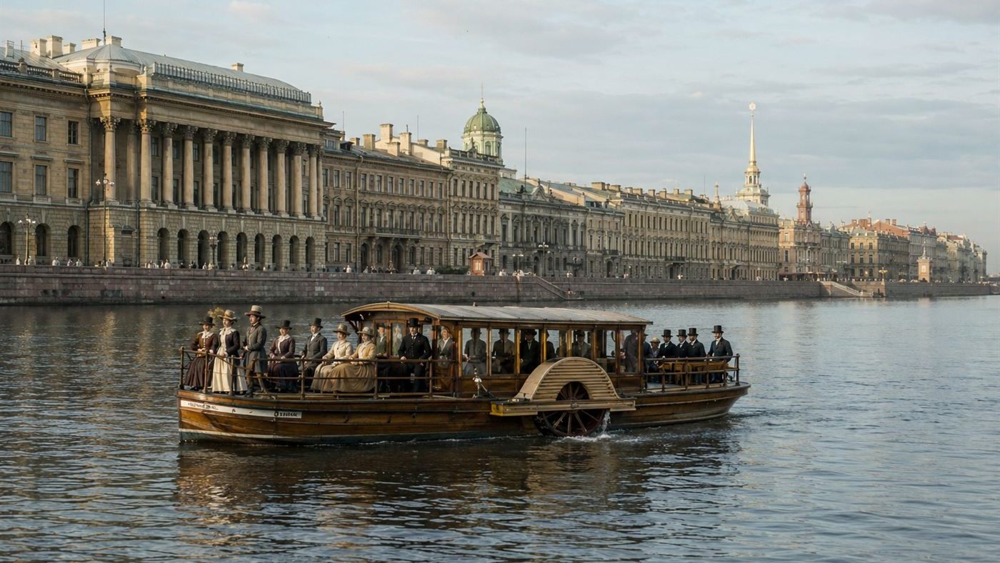 An 1830s passenger boat on the Neva in St Petersburg with no funnel or smoke, evoking Jacobi's electric boat
