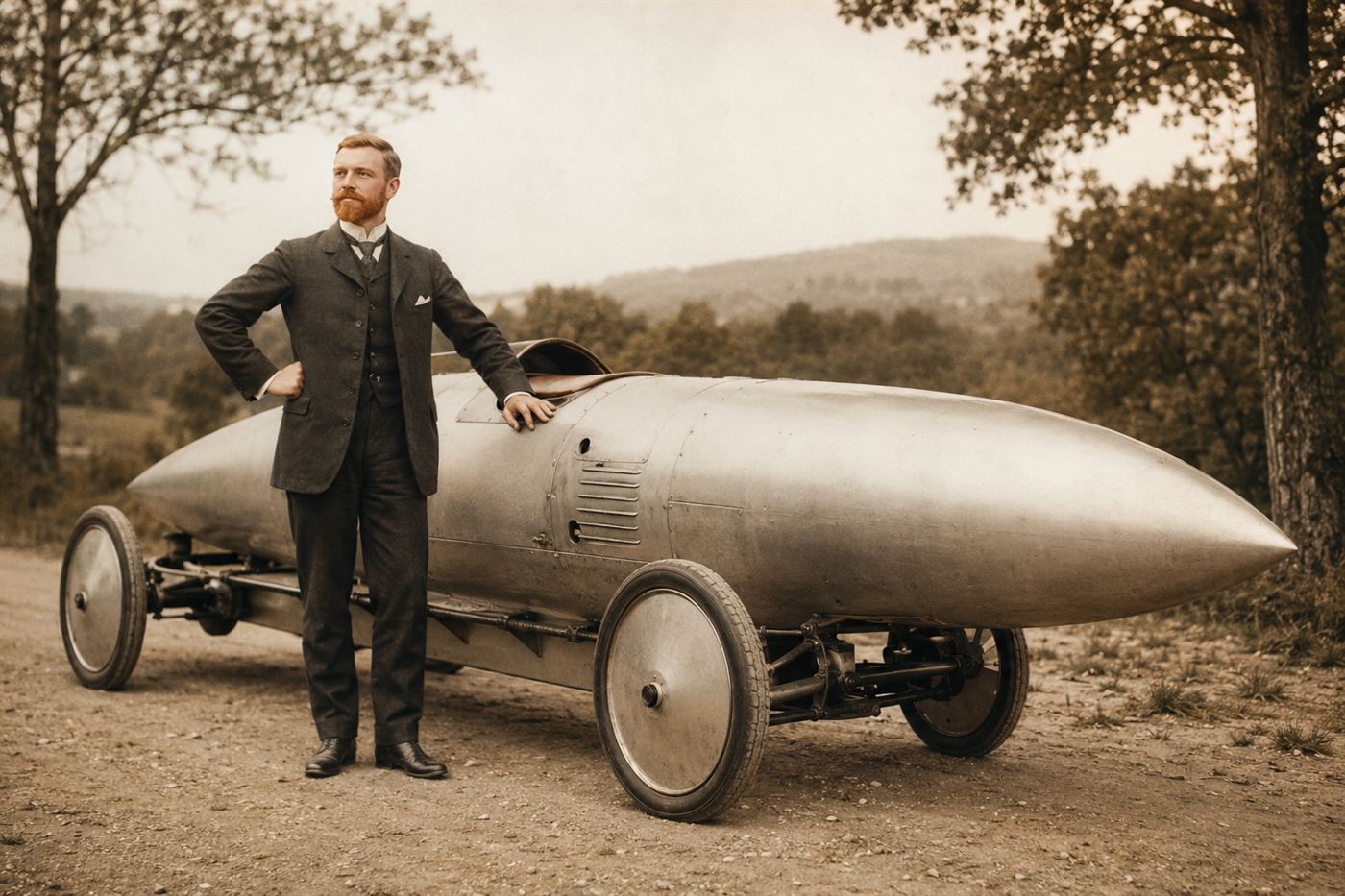 Portrait of Camille Jenatzy, the Belgian racing driver nicknamed the Red Devil, beside the La Jamais Contente electric car