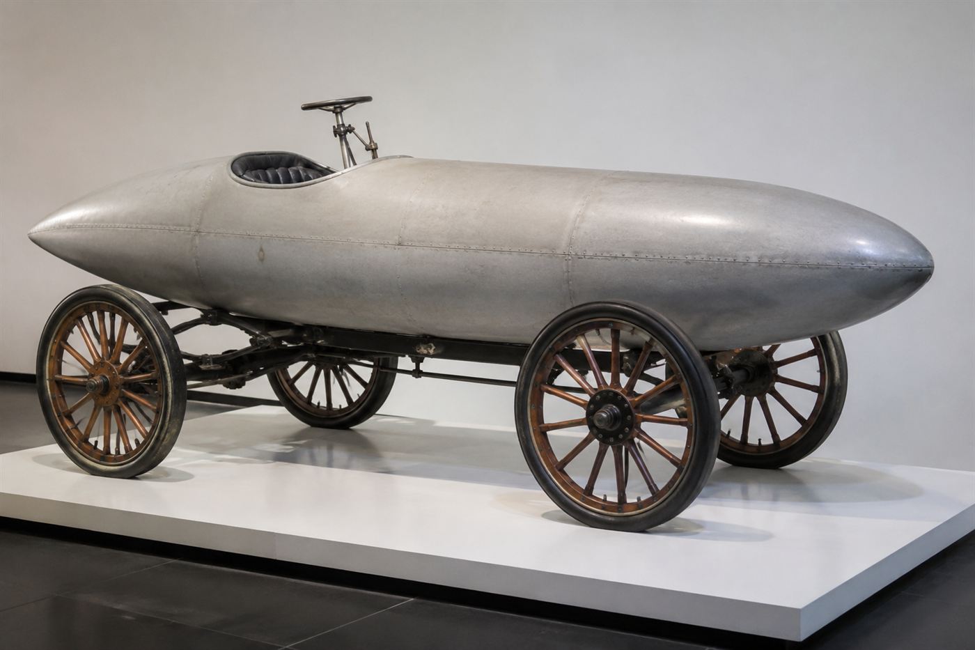 The 1899 La Jamais Contente electric car preserved in a museum, showing its long torpedo-shaped body and thin spoked wheels