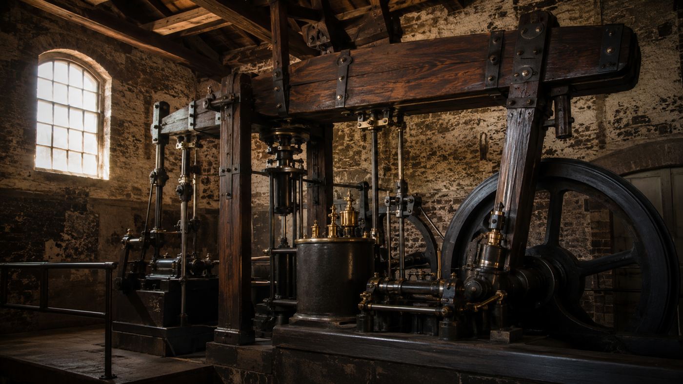 A large 18th-century beam steam engine of the kind James Watt built, with a rocking beam, brass fittings and iron cylinder