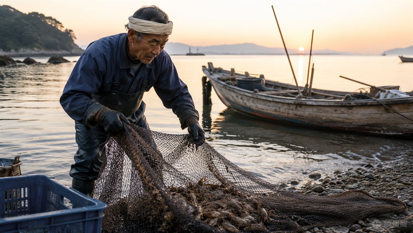 A Japanese fisherman hauling a net beside the sea, of the kind once said to throw back samurai-faced crabs