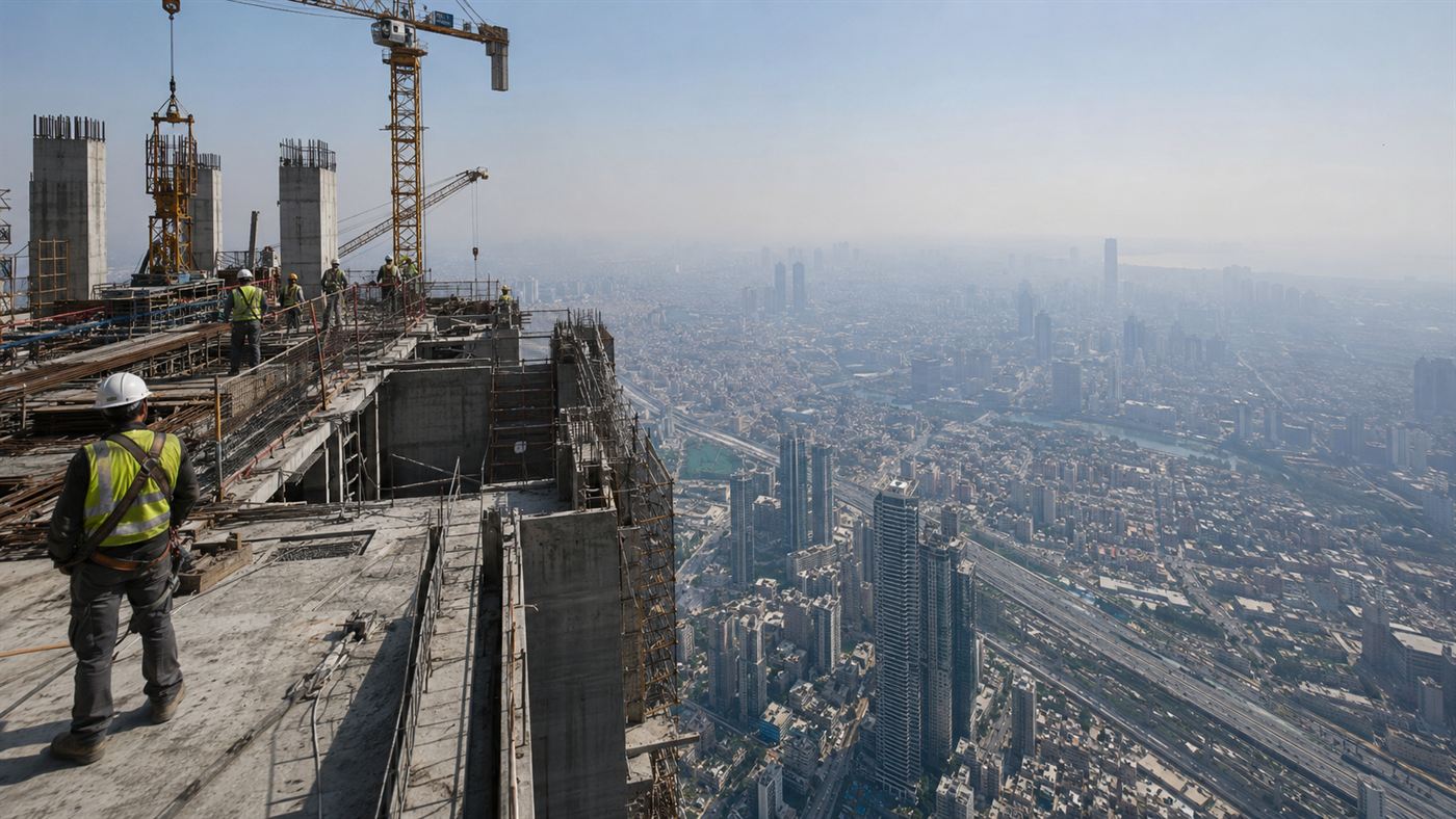 The unfinished top of a supertall tower with construction cranes and workers, city far below through haze