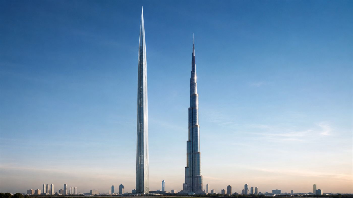 A silhouette comparison of two supertall towers side by side, one clearly taller than the other against a sky