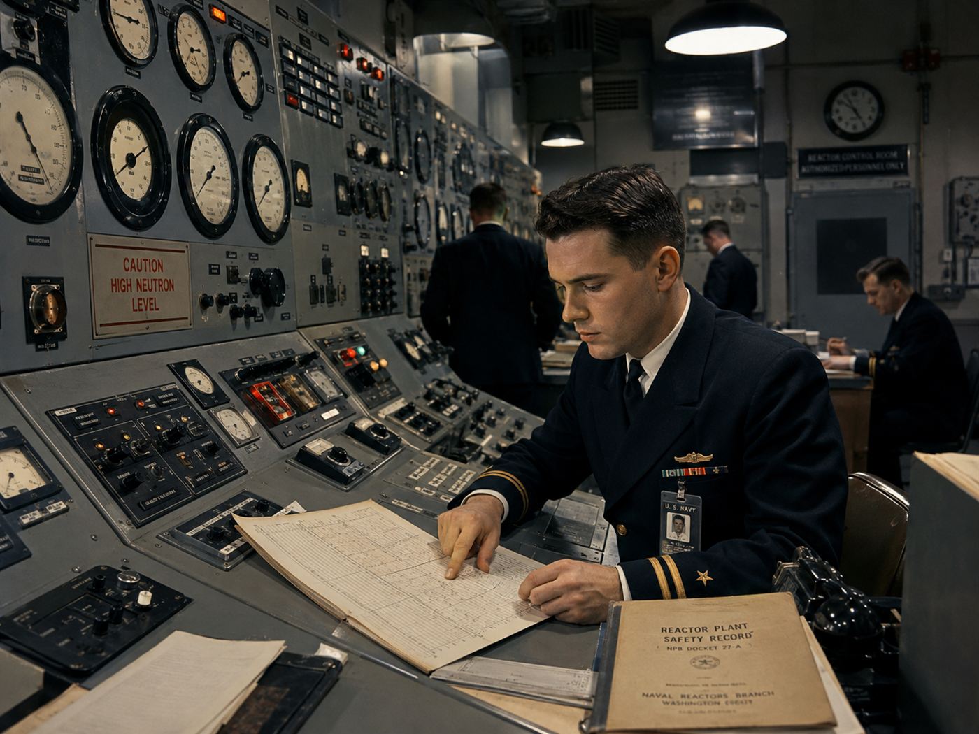 Jimmy Carter Chalk River nuclear reactor 1952, US Navy officer at 1950s reactor control panel with analog dials and warning lights in nuclear research facility