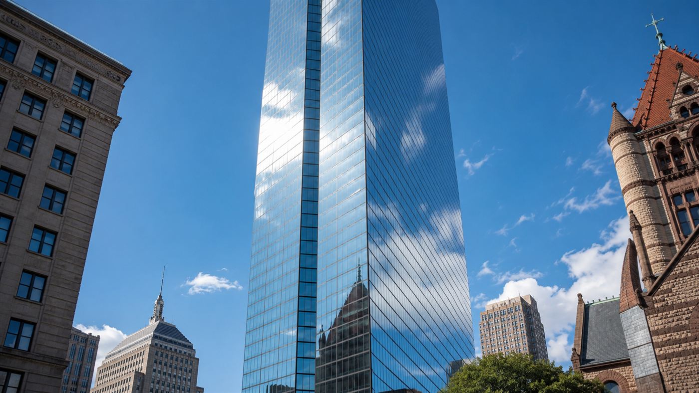 The blue mirror-glass facade of the John Hancock Tower reflecting the Boston sky