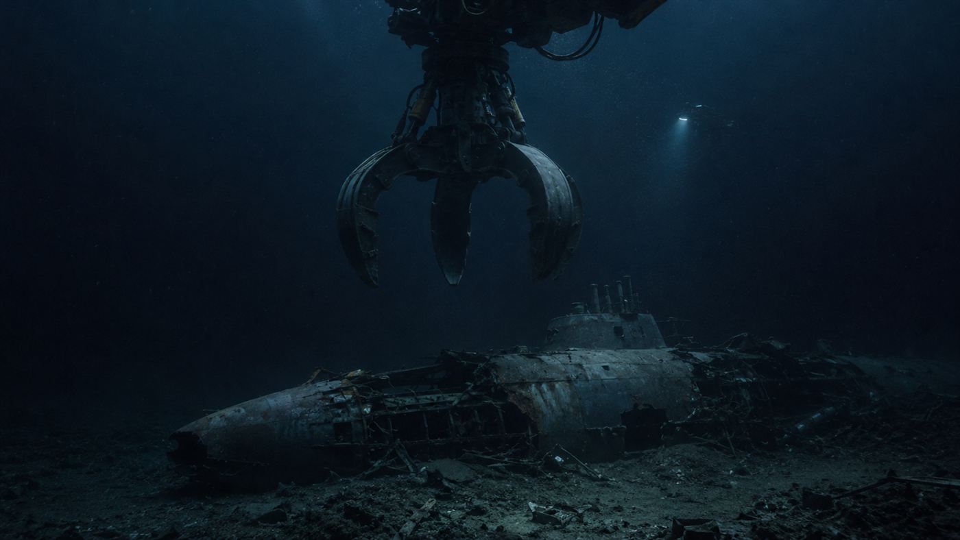 A giant mechanical claw descending through the dark deep ocean toward a broken submarine on the seafloor