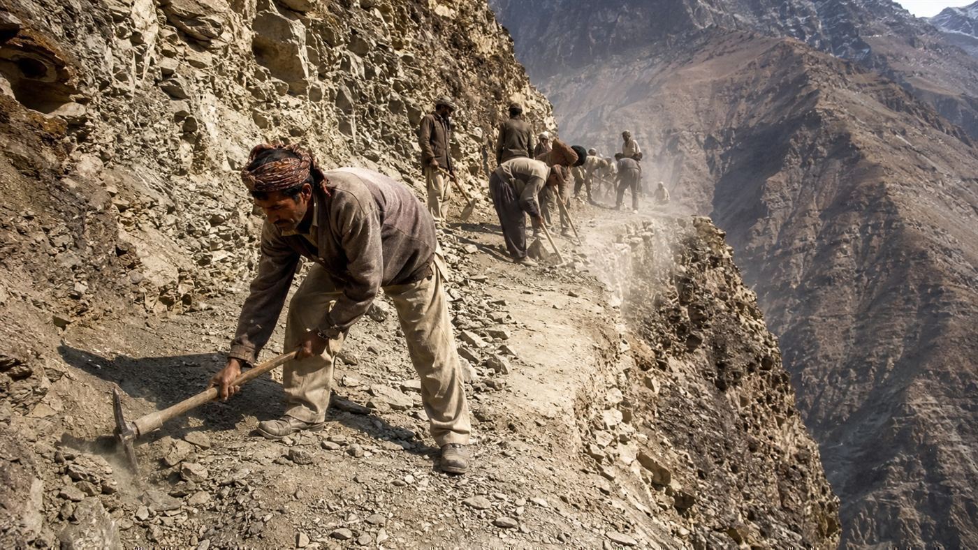 Labourers carving the Karakoram Highway into a mountainside by hand in the 1970s
