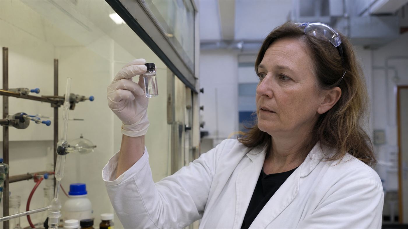 Karen Wetterhahn, a chemist, holding a small clear vial under a fume hood in a university chemistry laboratory