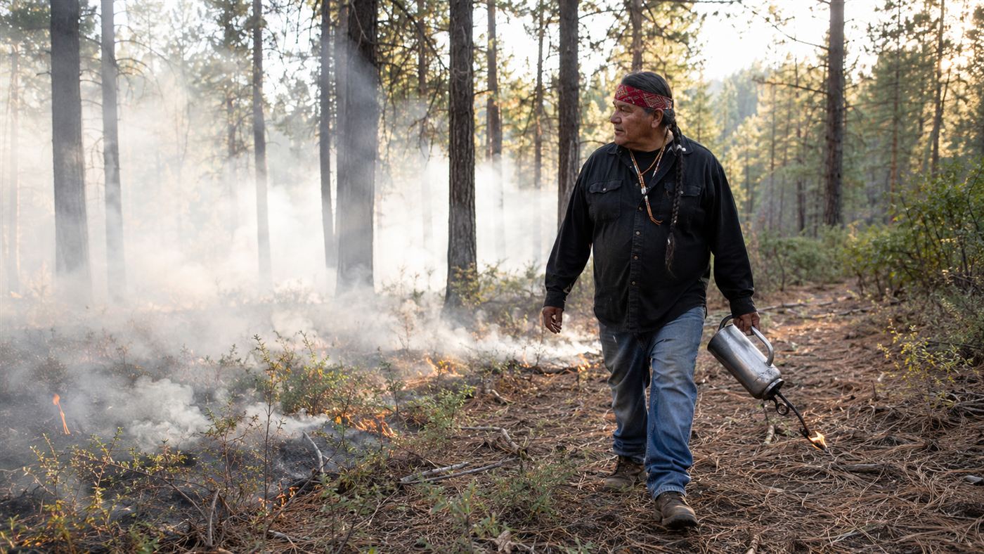 A Karuk tribal fire practitioner holding a drip torch in a Northern California forest, smoke drifting through ponderosa pines in warm afternoon light