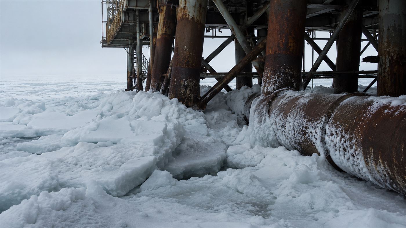 Thick drifting pack ice pressing against the steel legs and pipelines of a Kashagan oil field platform in winter