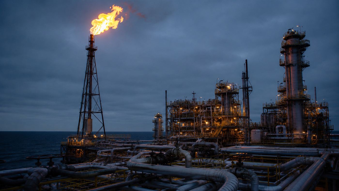 A sour gas flare burning bright orange at a Kashagan oil field processing platform at dusk