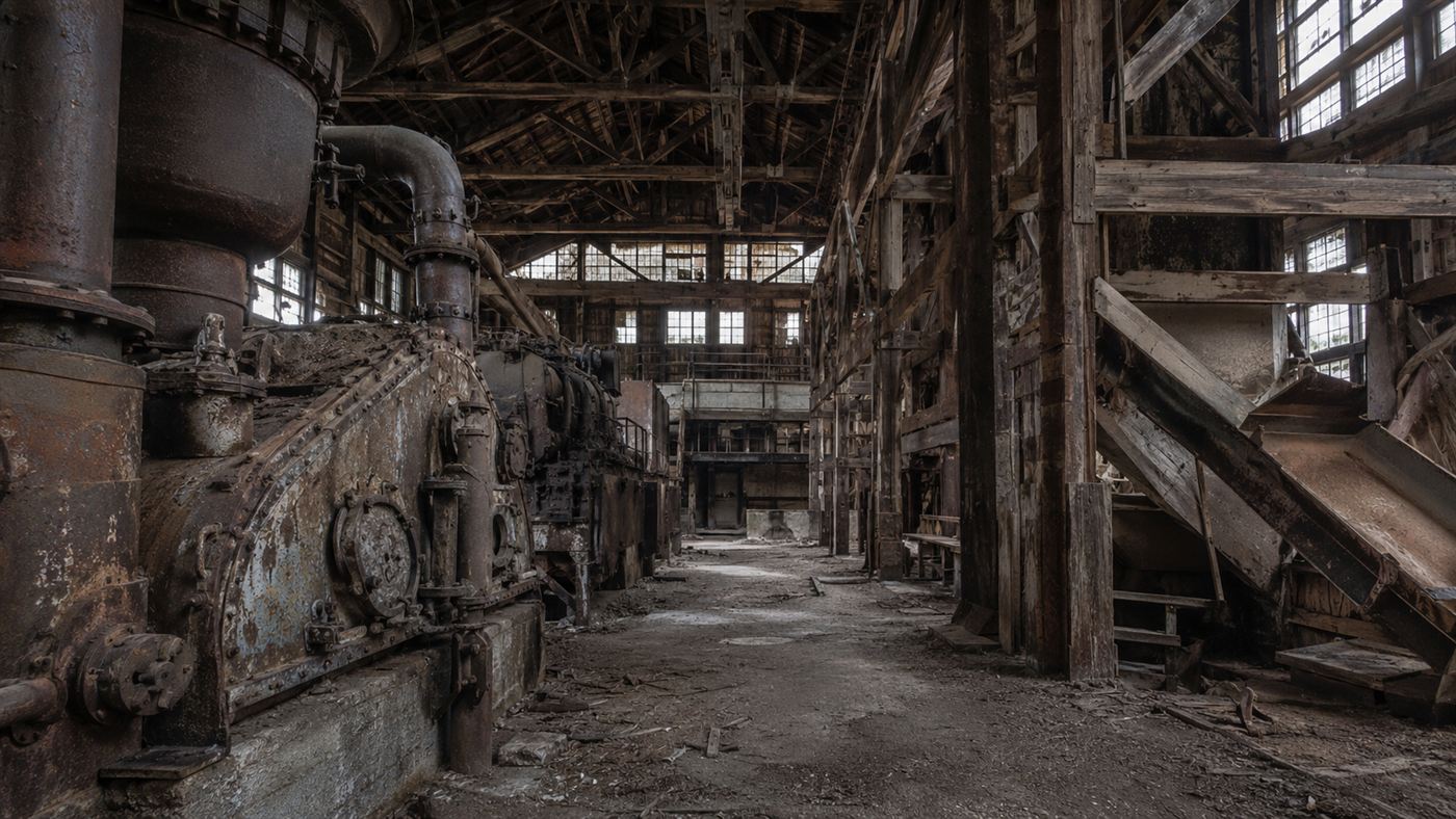 The abandoned wooden interior of the Kennecott copper mill, a ghost town left to the Alaskan wilderness