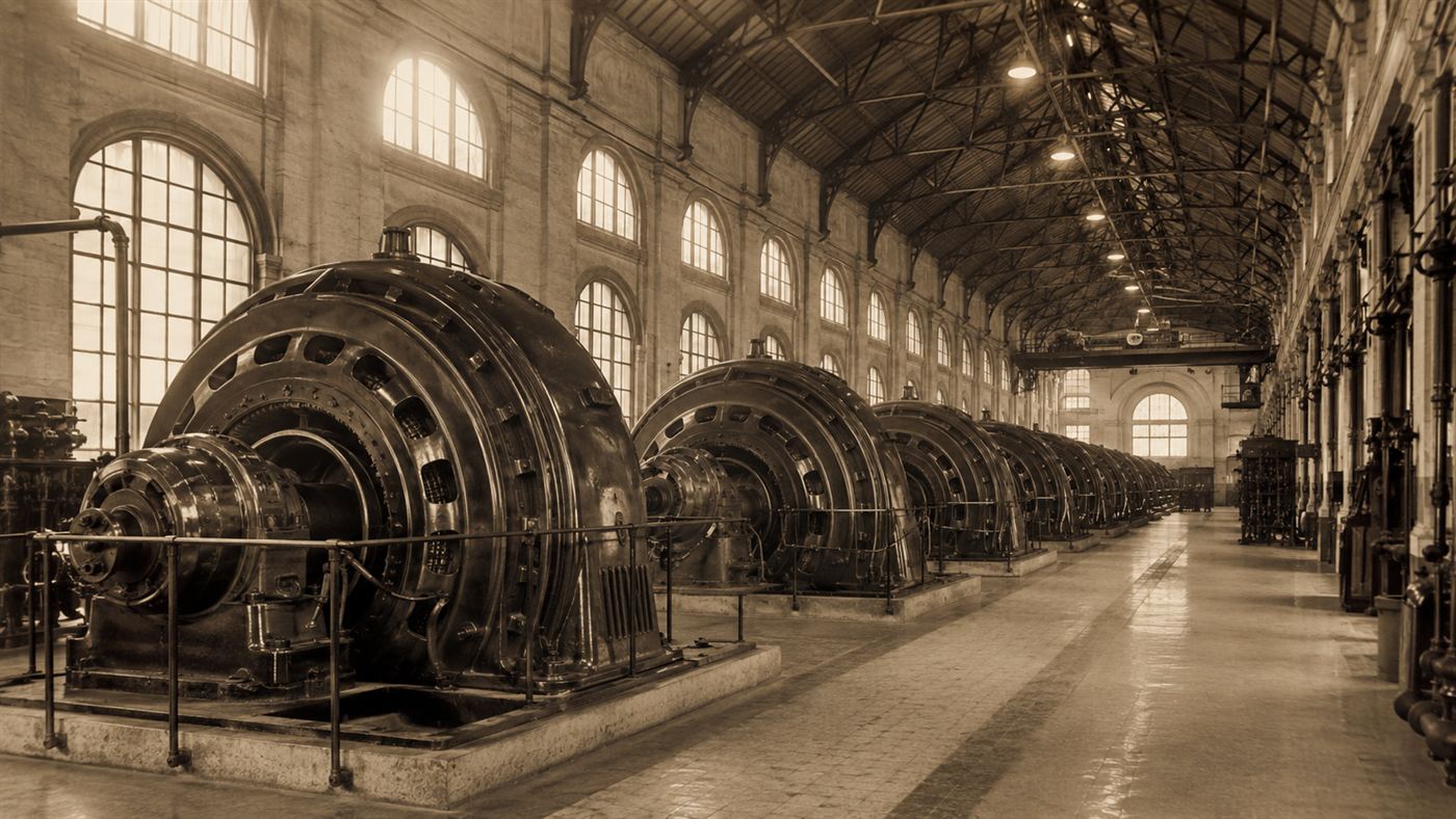 The long interior hall of the Keokuk Dam powerhouse lined with a row of large early hydroelectric generators