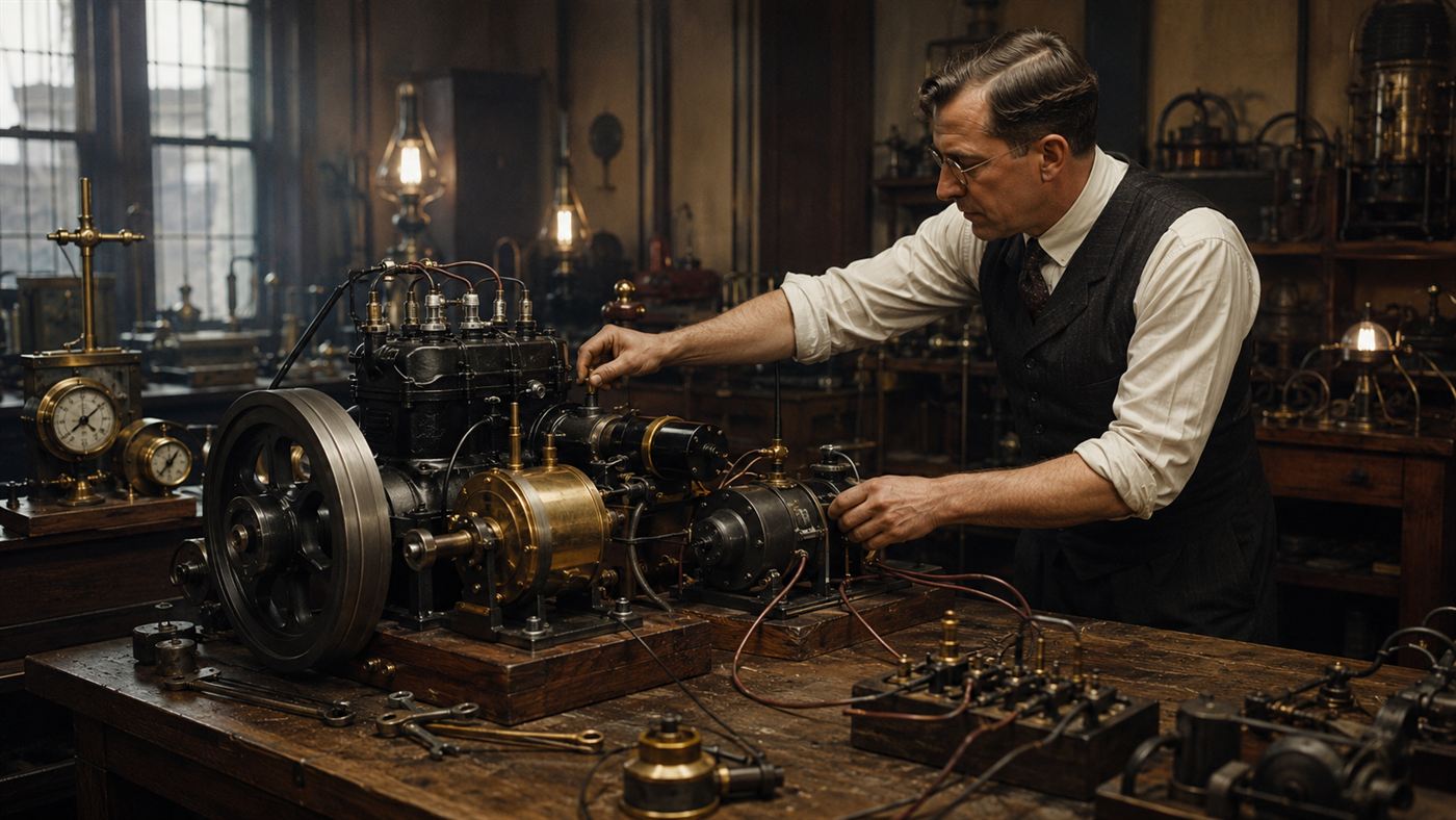 An engineer in a period workshop testing an early electric starter motor connected to a car engine