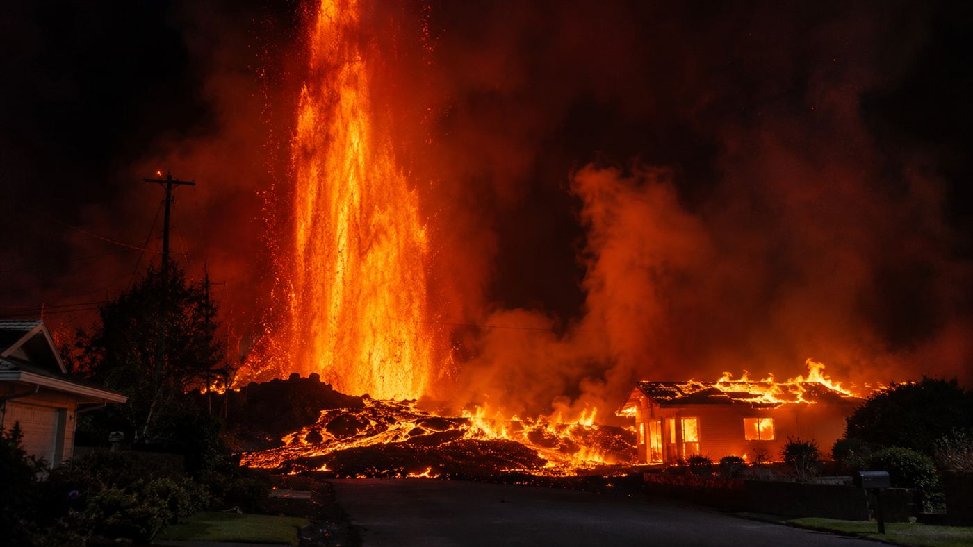 A towering lava fountain from Kilauea's fissure 8 in the Leilani Estates subdivision in 2018