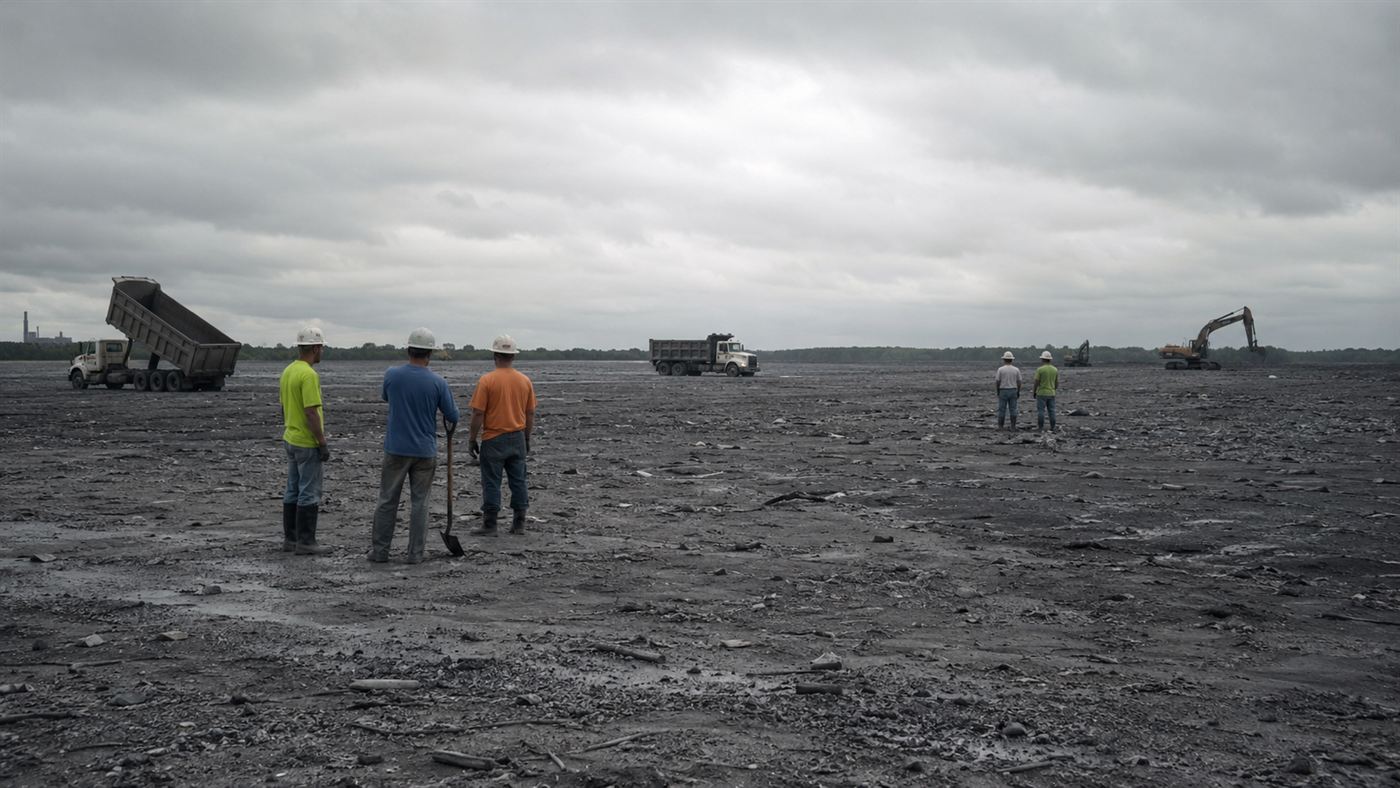 Cleanup workers in ordinary clothing standing in a vast gray field of dried coal ash during the Kingston recovery, no respirators visible