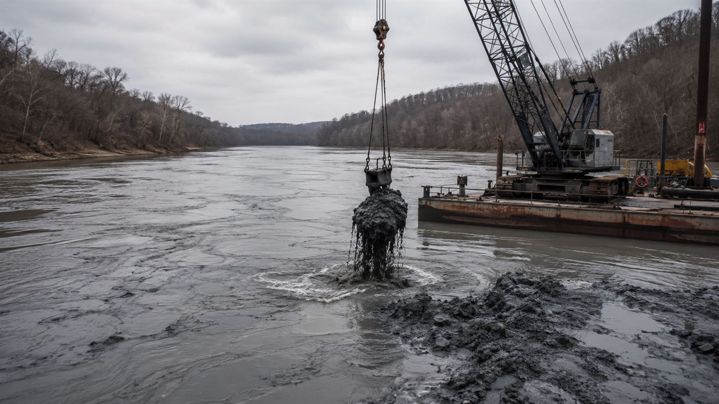 A dredging barge working on the Emory River in Tennessee removing gray coal ash from the water during the multi-year Kingston cleanup