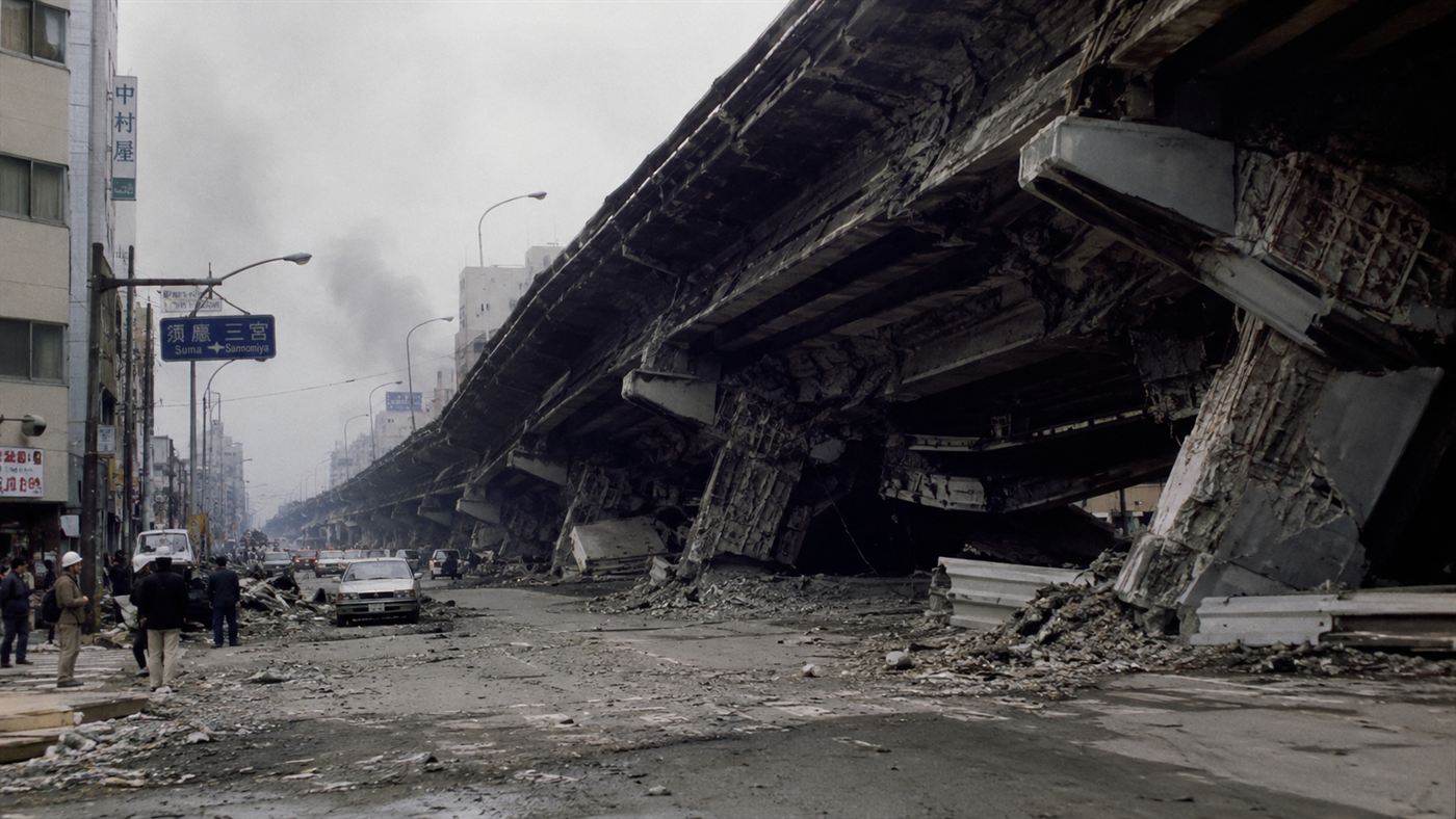 The aftermath of the 1995 Kobe earthquake, a collapsed elevated highway and rubble