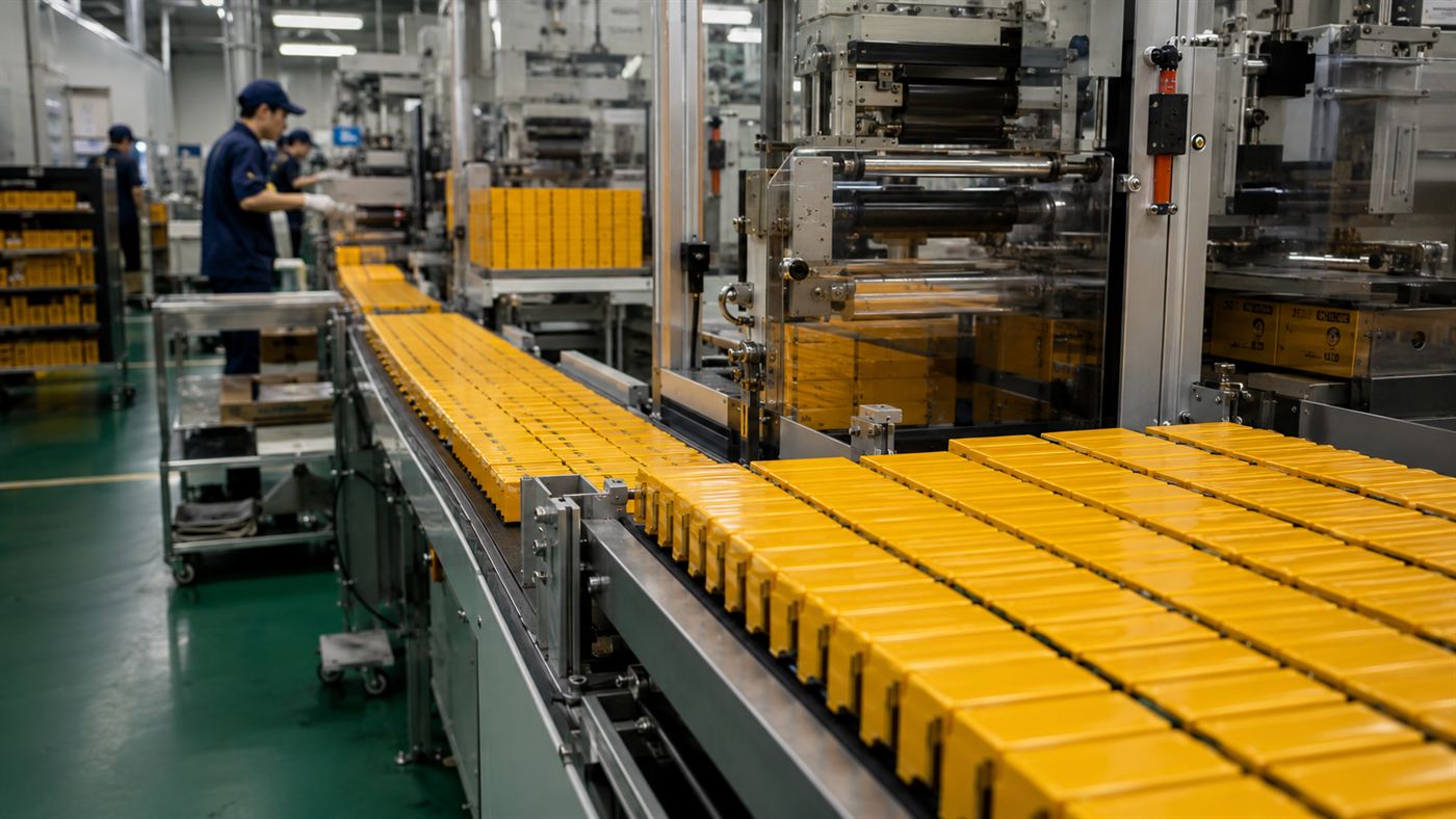 A film manufacturing line with rows of yellow Kodak film boxes in a Rochester factory