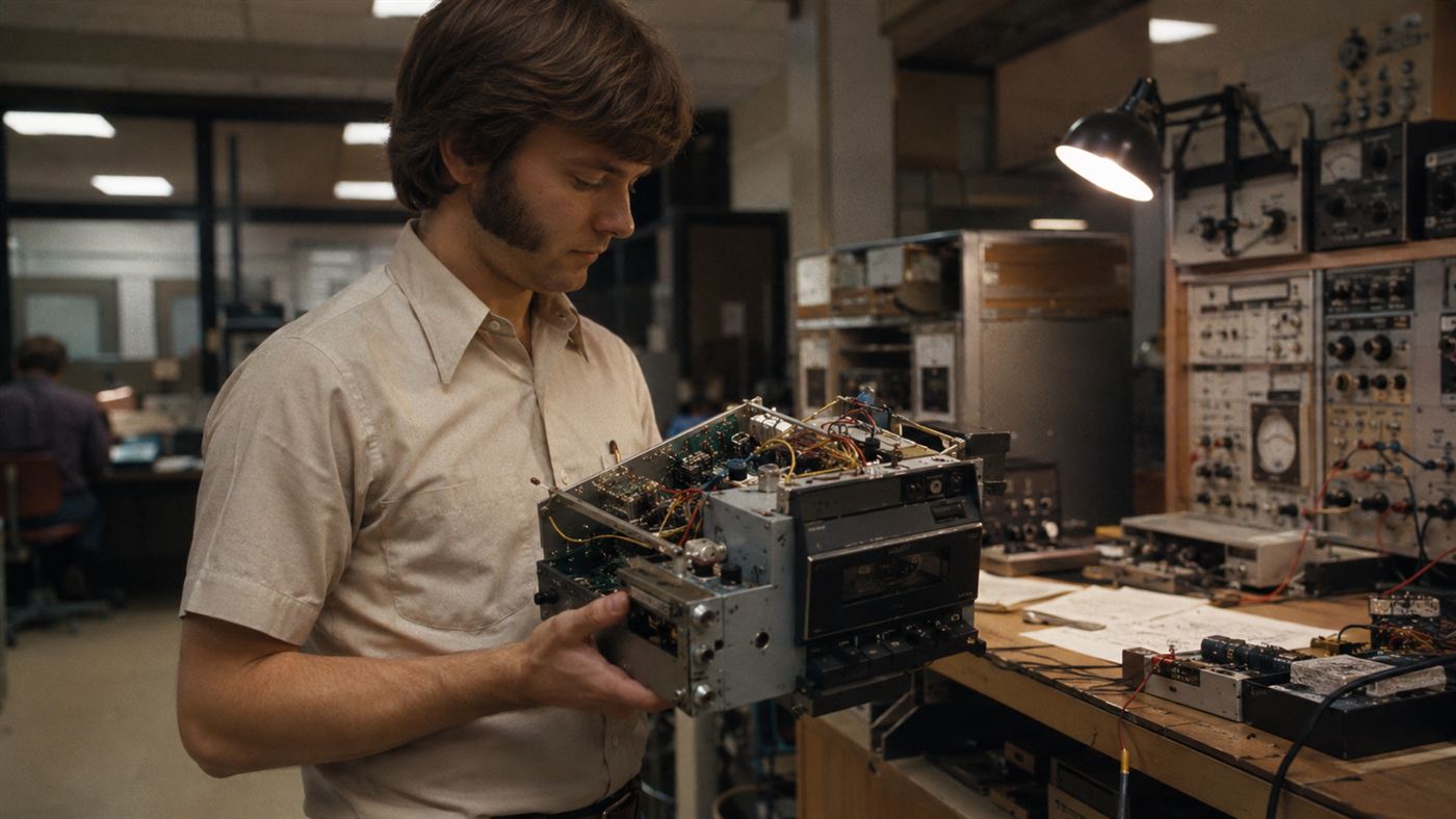 A young 1970s engineer holding the first bulky prototype digital camera with a cassette recorder in a Kodak lab