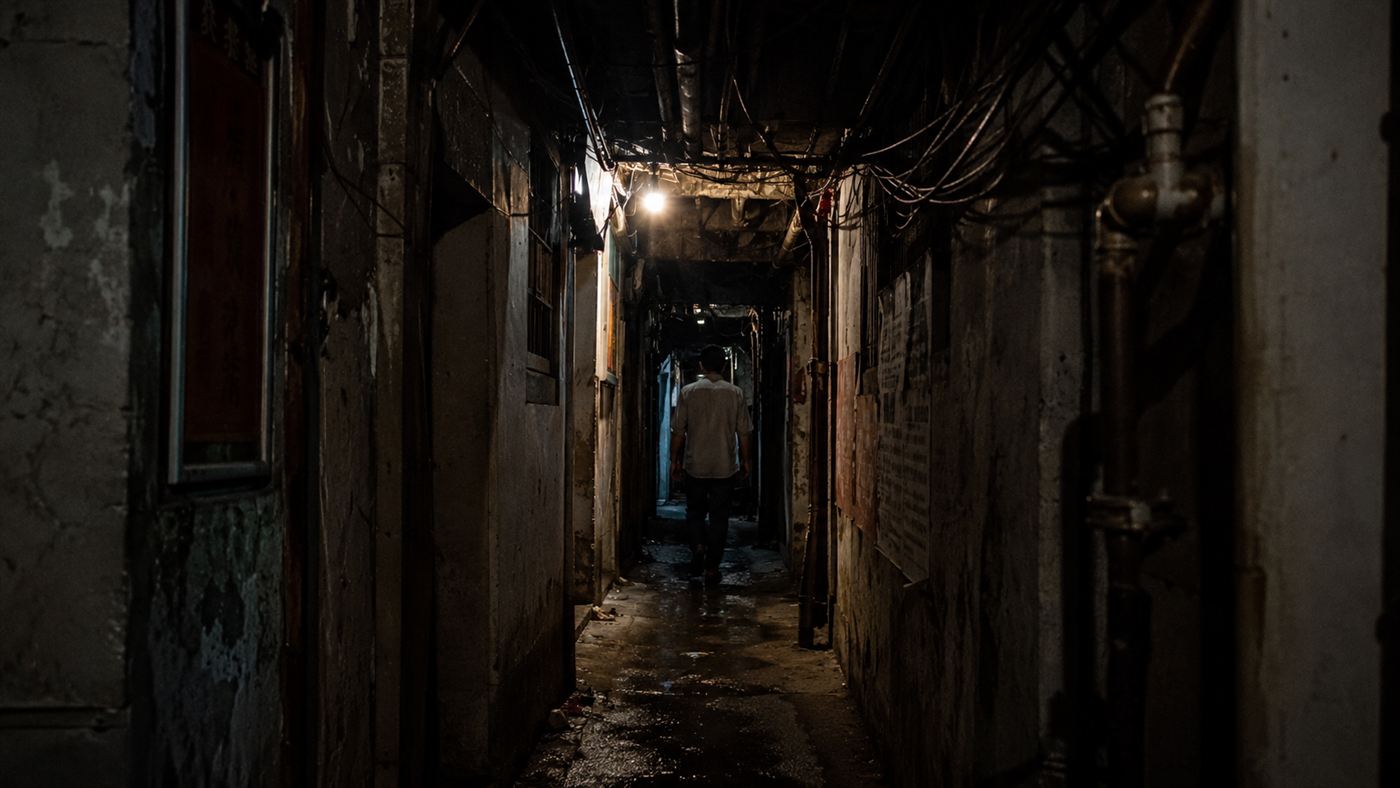 A narrow dark alley deep inside the Kowloon Walled City with dripping pipes and tangled wires overhead, the City of Darkness