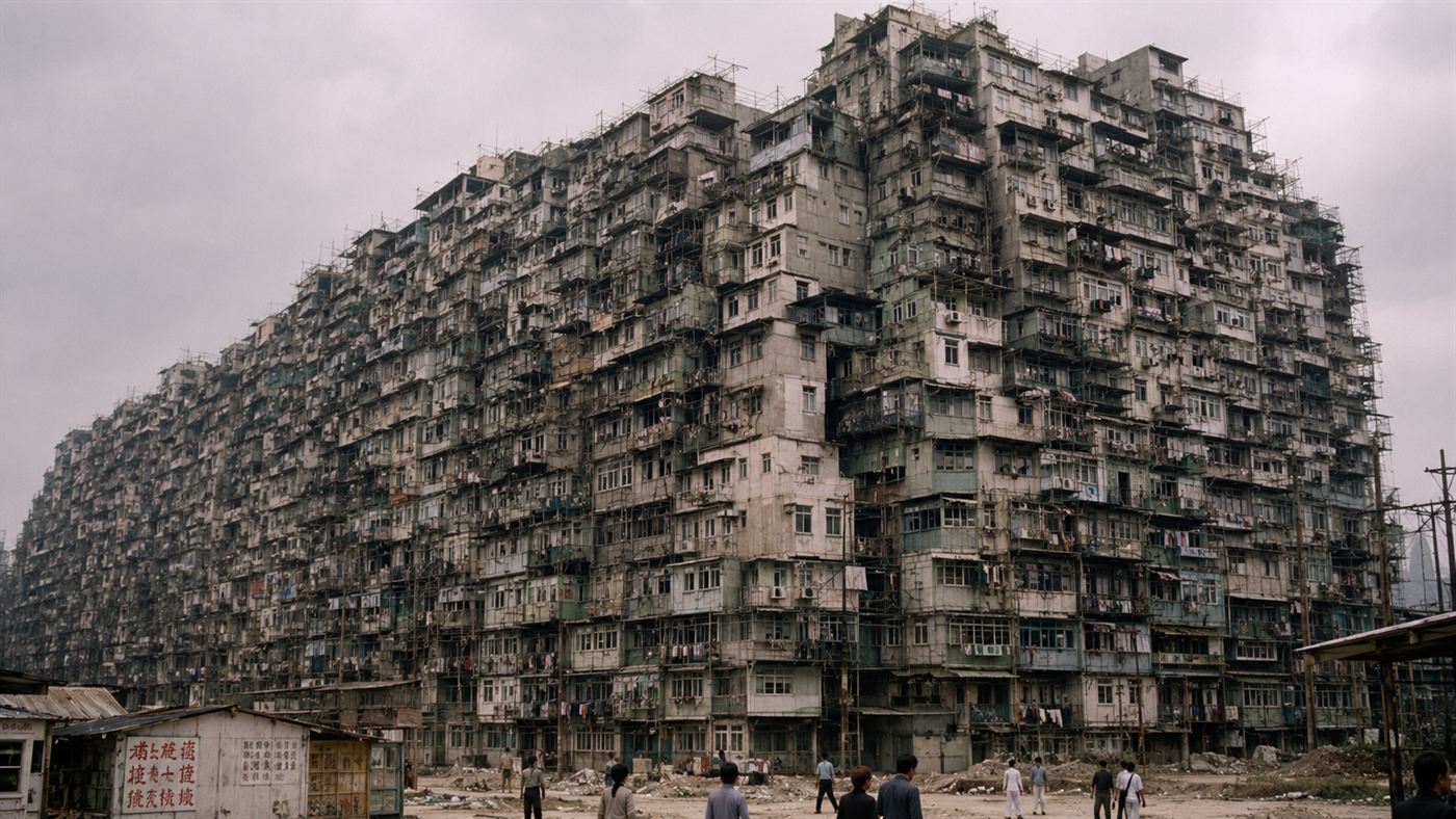 The Kowloon Walled City as one dense monolithic block of stacked buildings covered in wires, pipes and laundry under a hazy sky