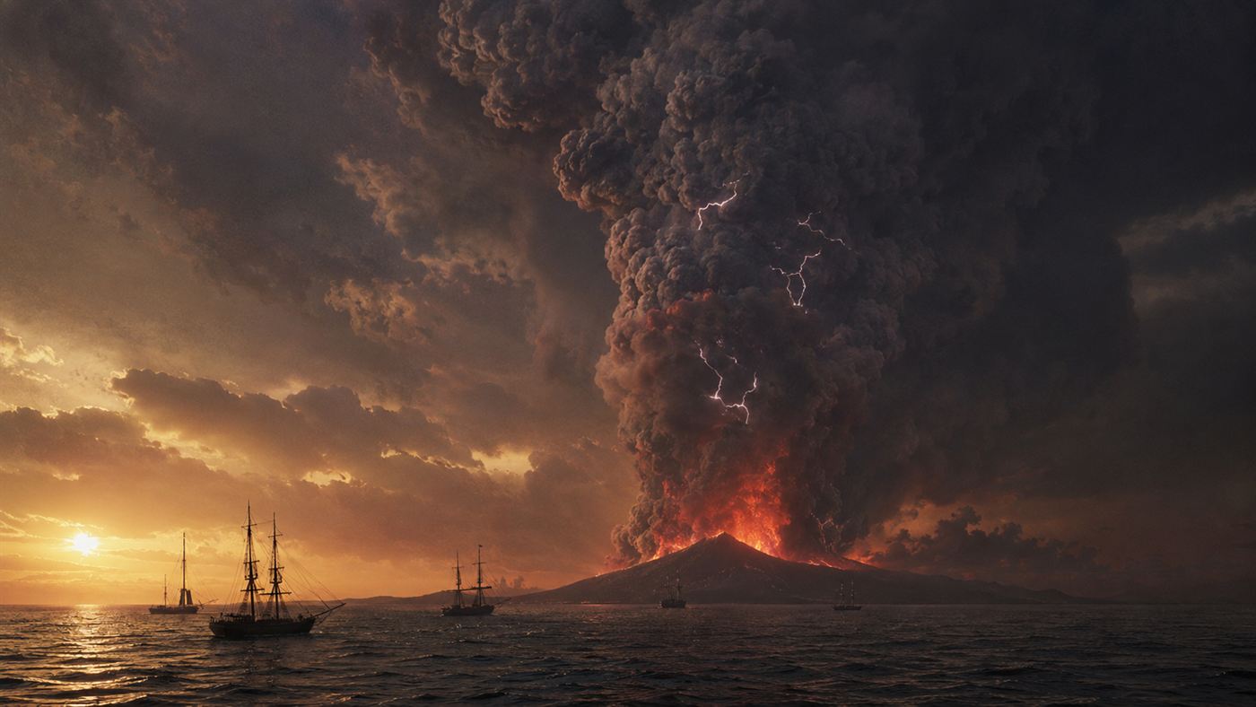 The 1883 Krakatoa eruption sending a towering black ash column over the sea at dawn with ships below
