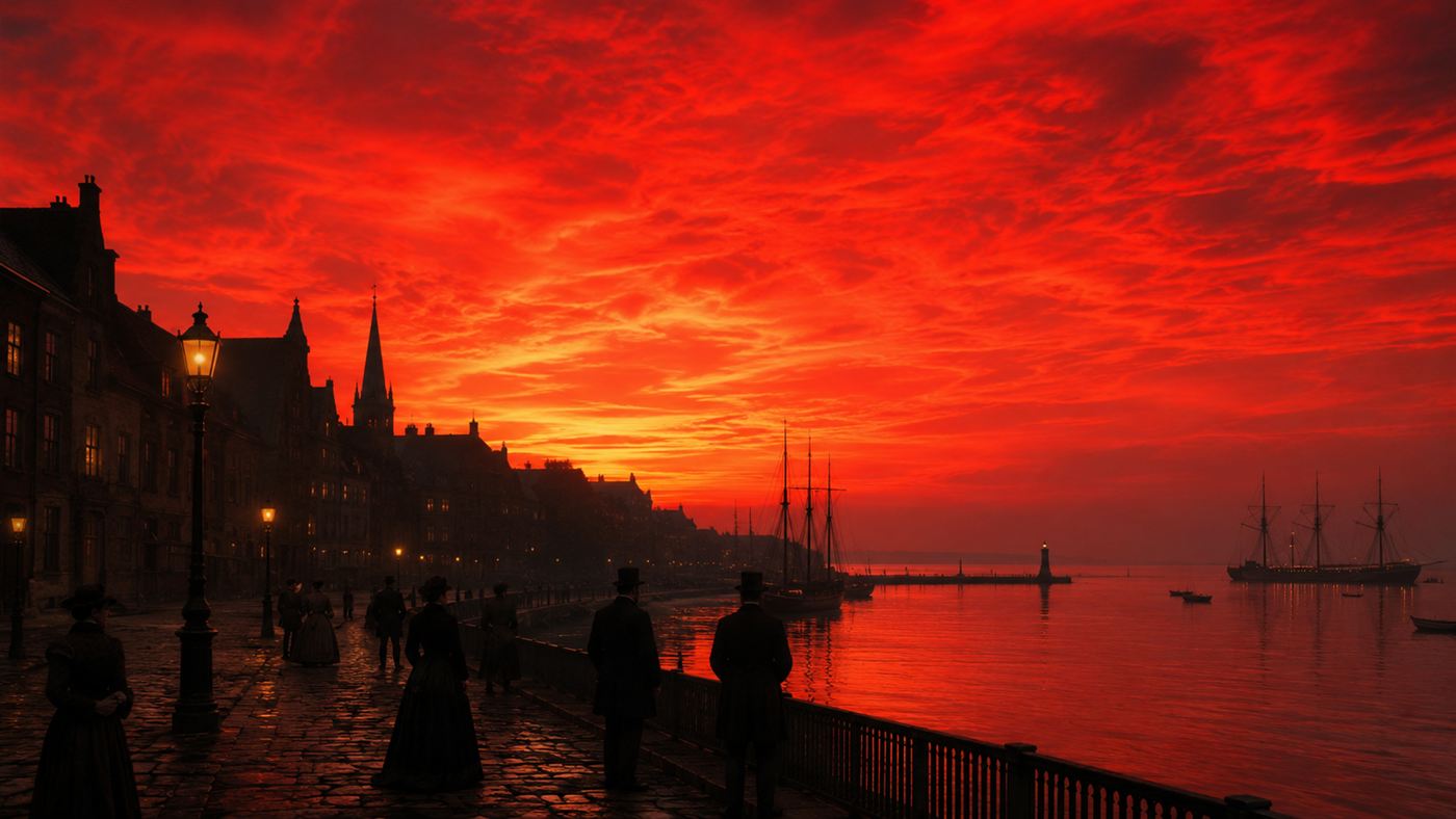 A blood-red volcanic sunset over a 19th-century coastal town after the Krakatoa eruption