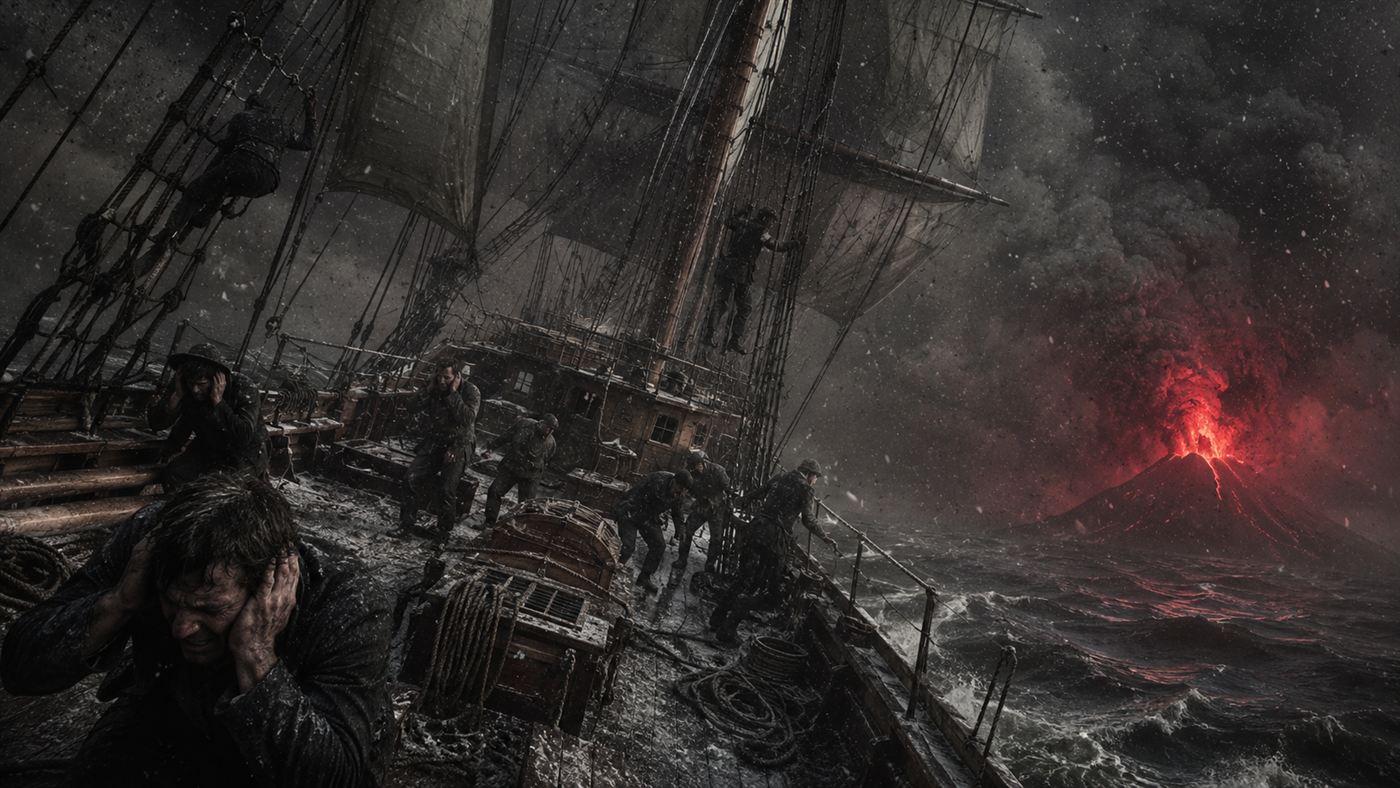 A 19th-century sailing ship on a dark sea under falling volcanic ash during the Krakatoa eruption