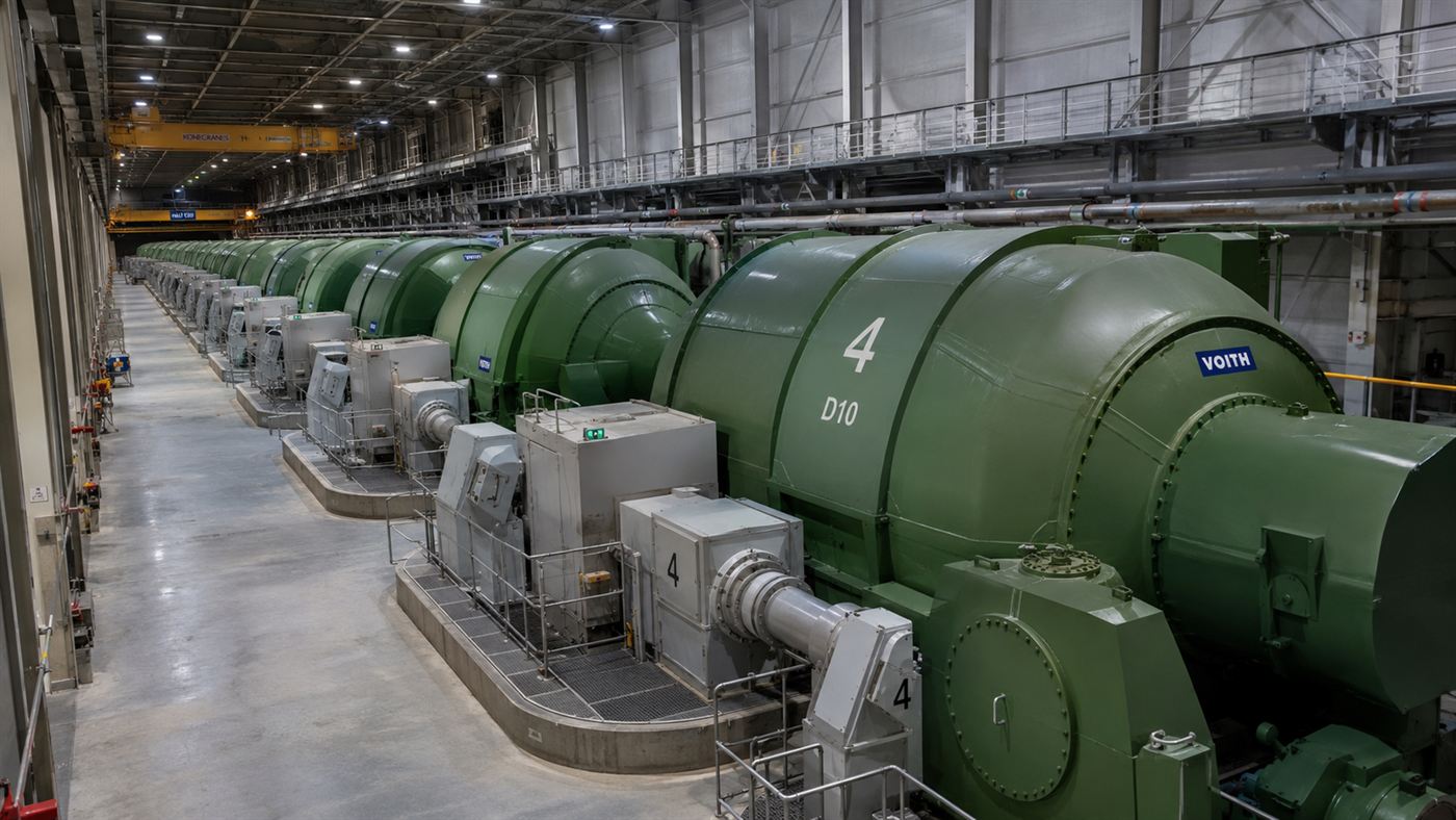 The interior turbine hall of a tidal power station with a long row of large green generator housings