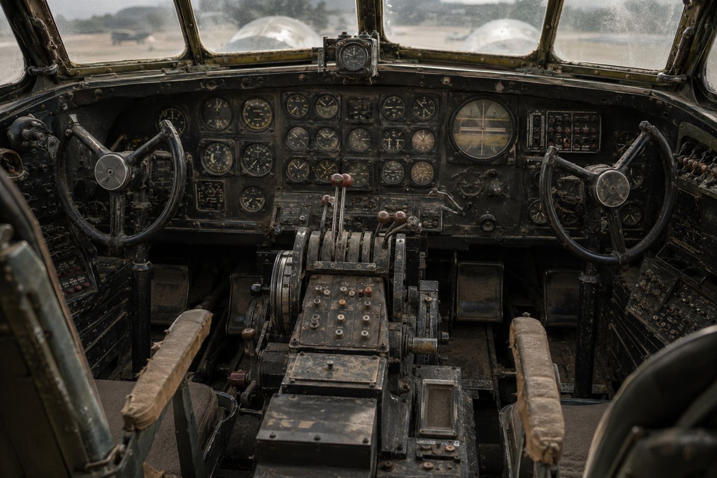 The preserved cockpit and instruments of the Lady Be Good bomber, dials and controls still intact after years in the dry desert